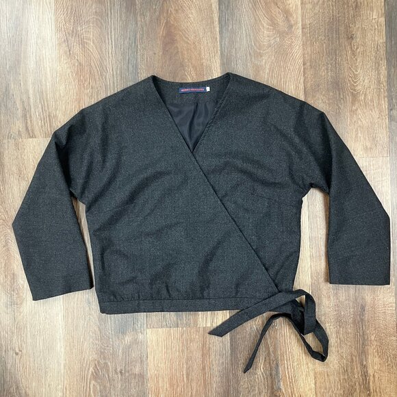 Harvey Faircloth Gray Wool Wrap Blouse Tie Cropped Jacket Top 8 Medium Work - Picture 7 of 10